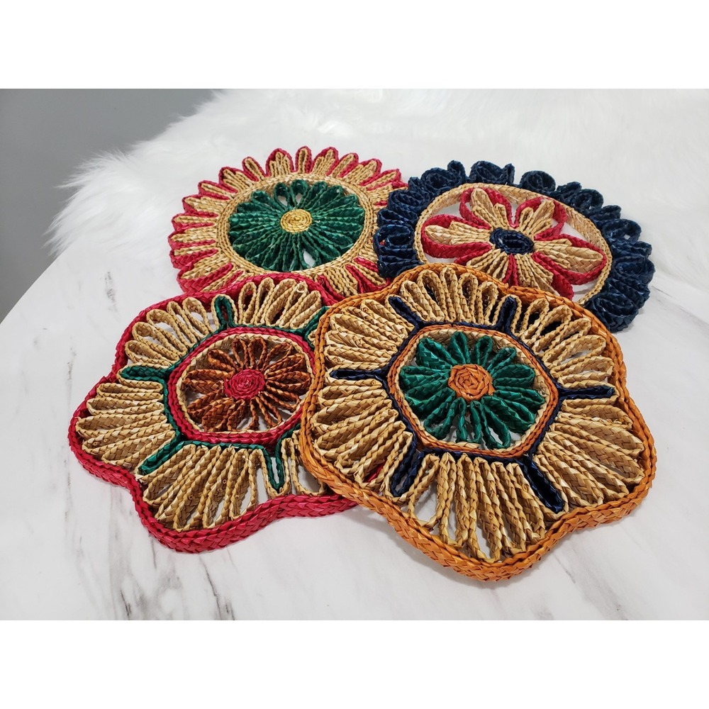 VINTAGE LOT 4 Wicker Straw Trivet Hotpad Woven Rattan Raffia Flower Boho decor